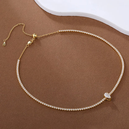 2mm Round Moissanite Riviera Tennis Necklace&Pear Cut Diamond Pendant Adjustable Choker for Women 925 Sterling Silver Jewelry