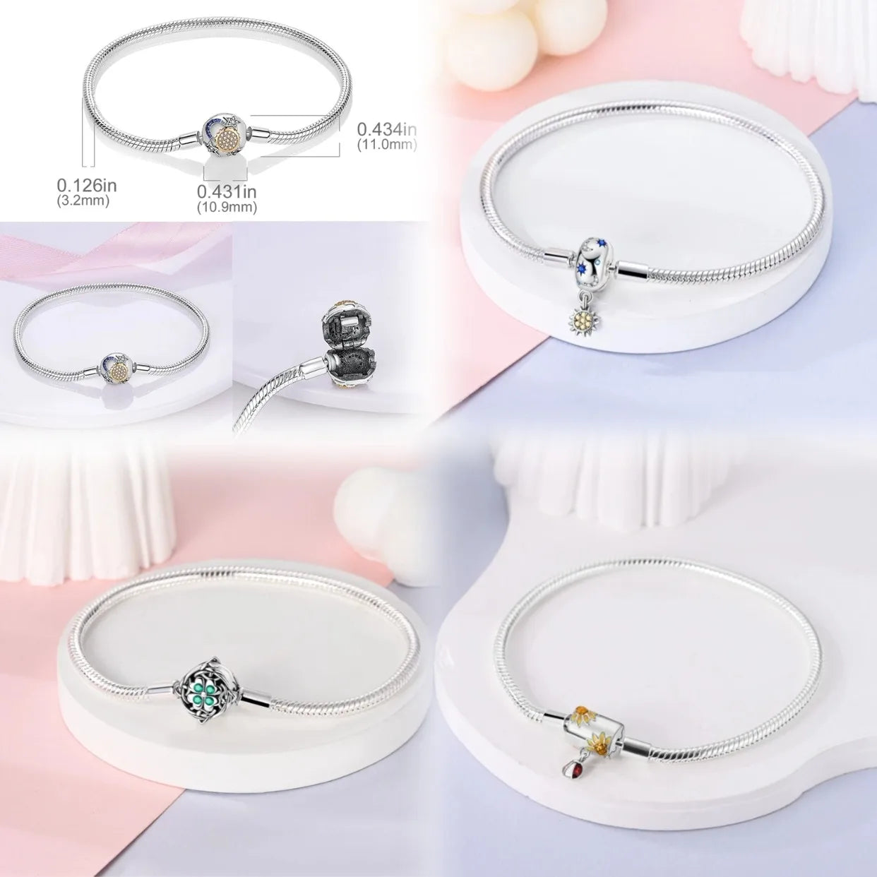 Silver 925 Bracelet Original Bracelets Colorful Zircon Heart Flower Cat Snake Chain For DIY Charms 17-20CM Luxury Jewelry Gifts