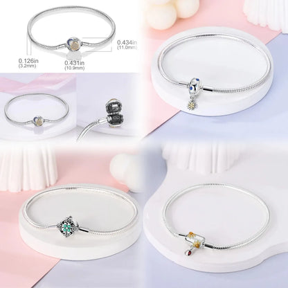 Silver 925 Bracelet Original Bracelets Colorful Zircon Heart Flower Cat Snake Chain For DIY Charms 17-20CM Luxury Jewelry Gifts