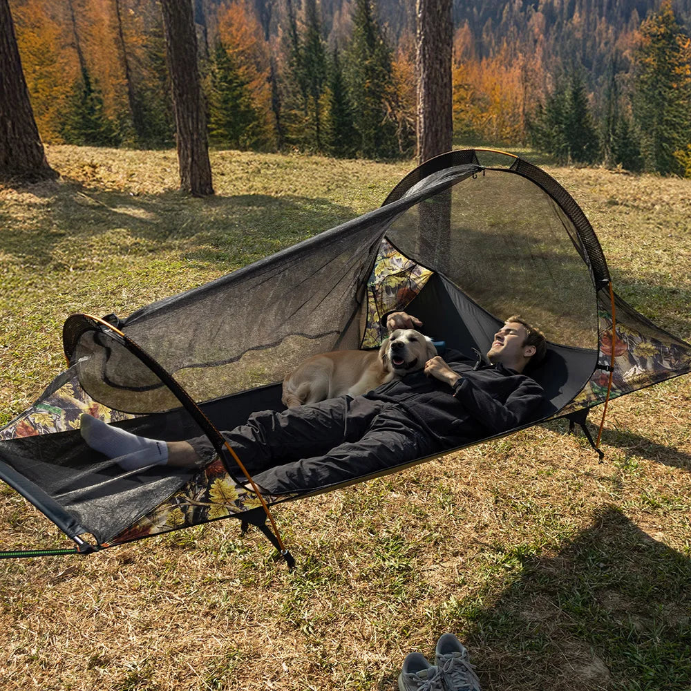 Night Cat Flat Lay Hammock Tent: Portable Lightweight Camping Hammock with Mosquito Net Waterproof Rainfly for 1 Person Outdoor Camping Green