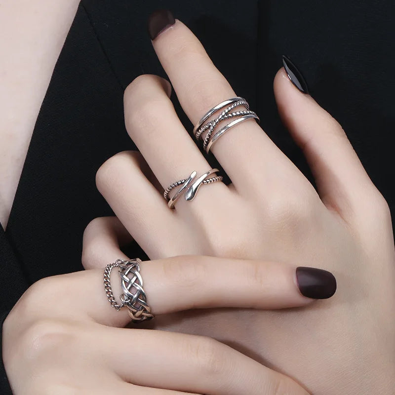 VENTFILLE 925 Sterling Silver Geometric Multilayer Round Bead Ring Female Fashion Punk Temperament Prevent Allergy Charm Jewelry
