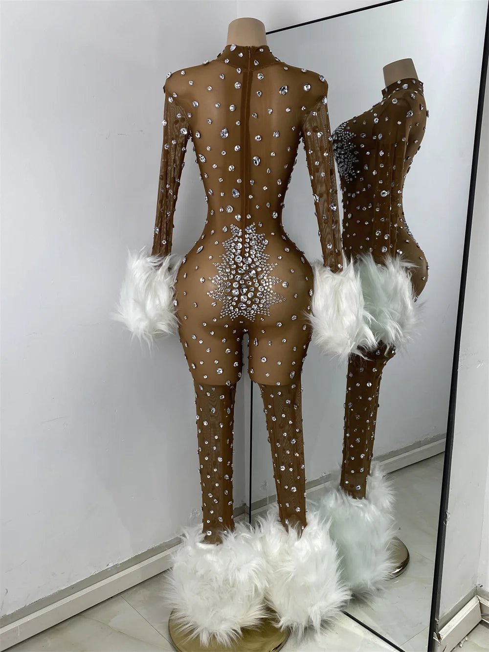 Luxury Diamonds Mesh Transparent Stretchy Jumpsuit for Women Sexy Long Sleeve Performance Singer Costume Nightclub Outfit 2025