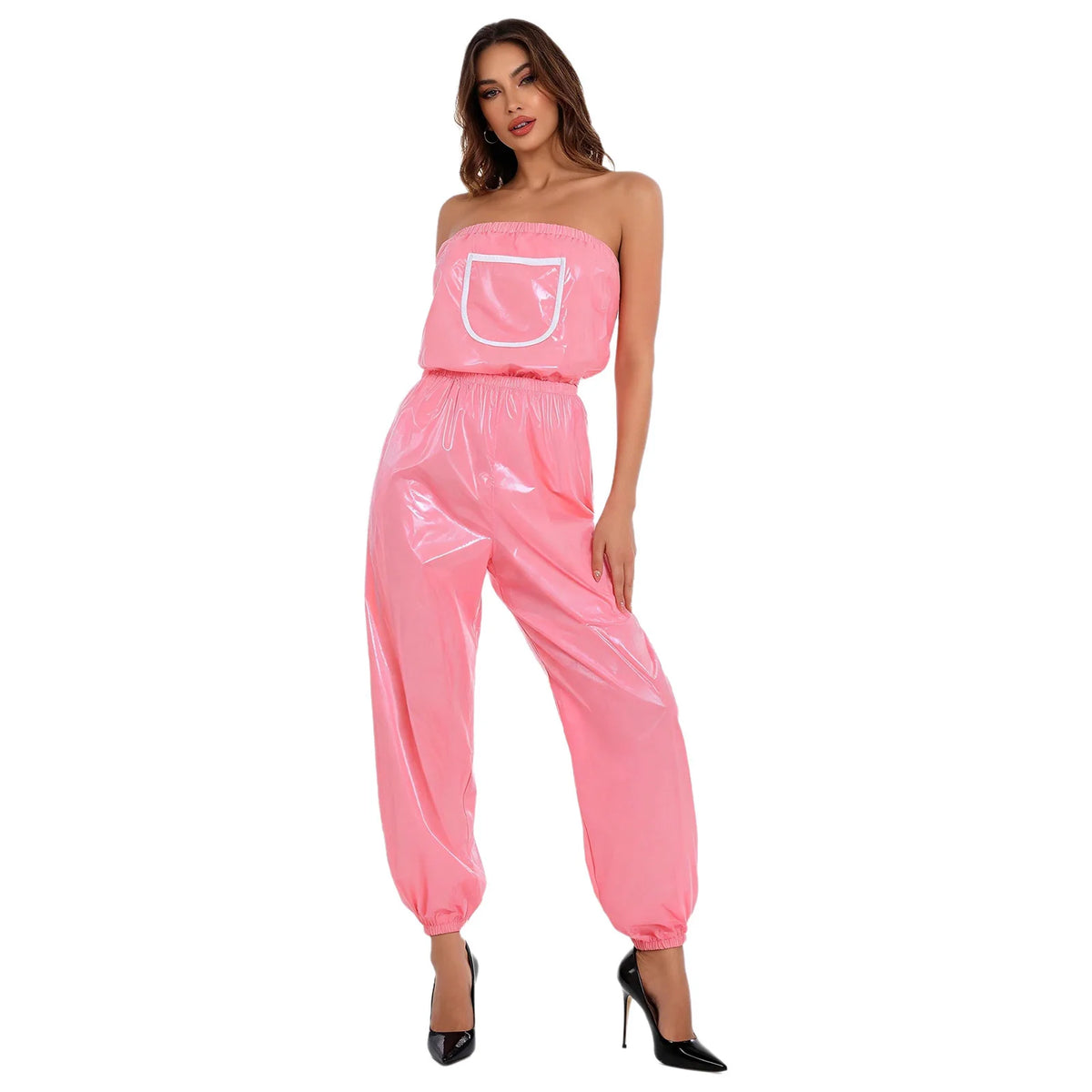 Womens Water Resistant Jumpsuit Strapless Bodysuit Glossy Tube Rompers Diaper Cover Elastic Waist Leg Opening Adaptive Clothes