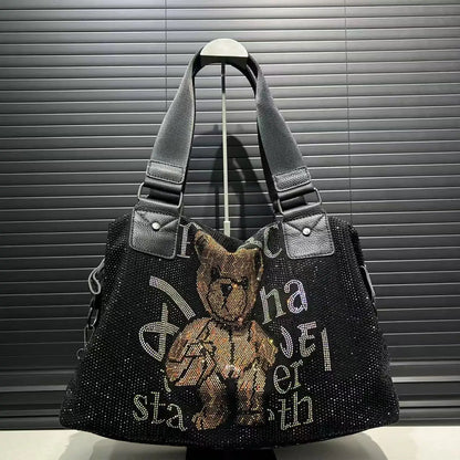 Ladies' fashionable diamond jewelry cute teddy bear handbag, large capacity, personalized, elegant, shiny shoulder bag
