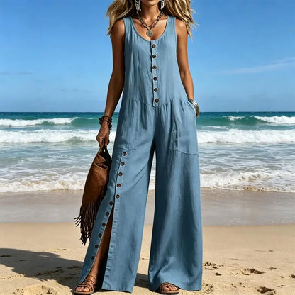 2026 Sexy V Neck Fashion 2026 Spring Pocket Wide Leg Jumpsuit Button Down Sleeveless Wide Leg Rompers Summer Loose Wear Overall