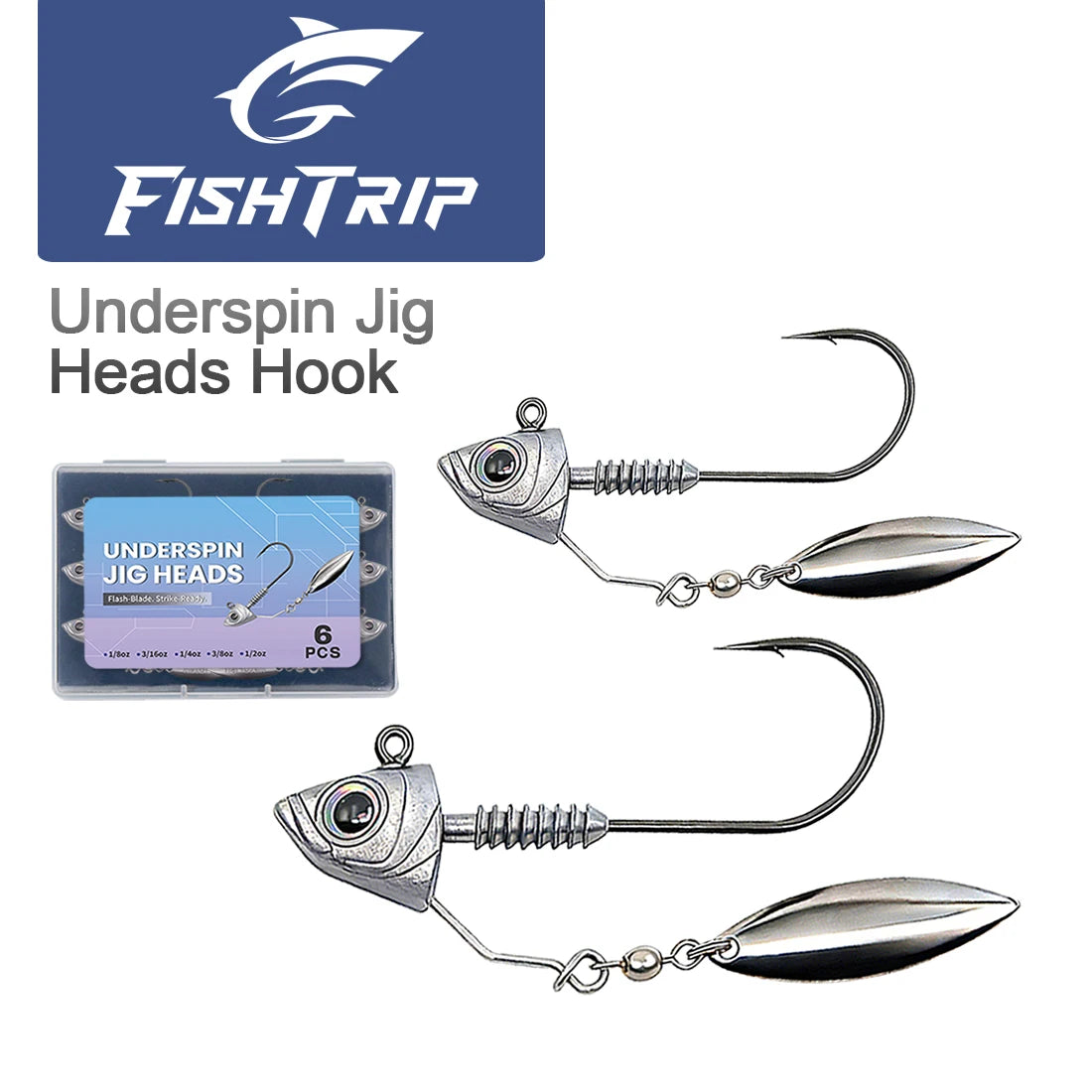FishTrip 6-Pack Underspin Jig Heads Hook,  with Brass Blade Fishing Hook for Bass & Saltwater Fishing