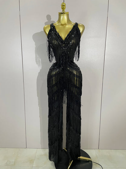 Sparkly Black Rhinestones Sequined Fringe Jumpsuit Women Sexy Nightclub Party Birthday Outfit Show Singer Stage Perform Costume