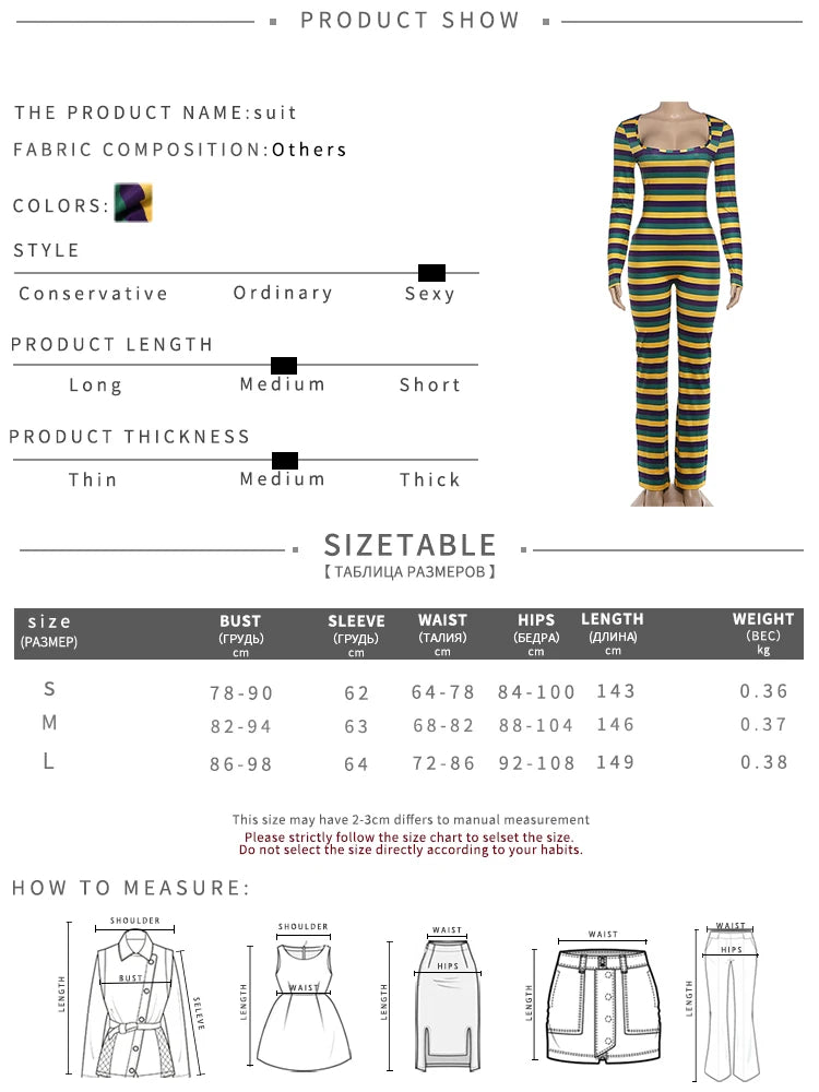 Nibber Chic Collar Full Jumpsuits Women's Autumn Trend Square Sleeve Stripe Patchwork Skinny Stretch High Street Style Overalls