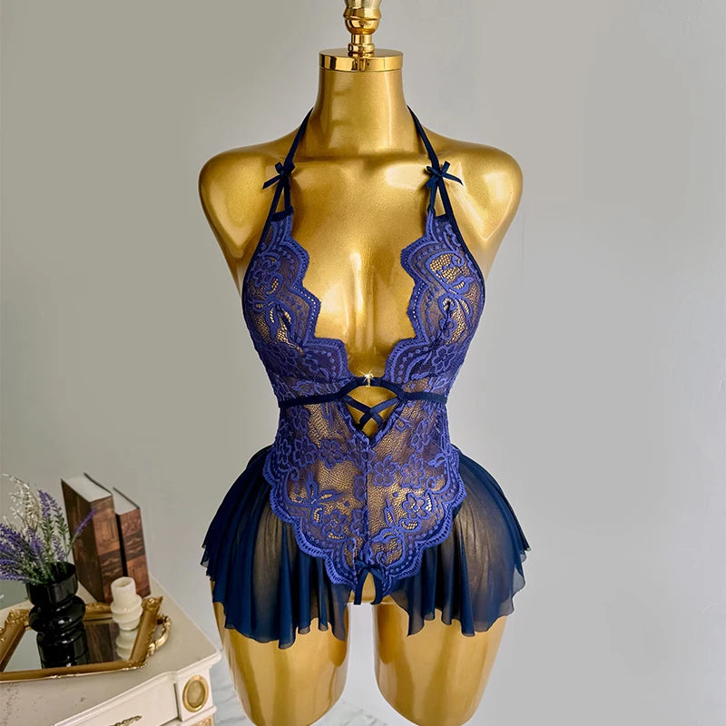 Sexy Crotchless Lingerie Women Lace Hollow Bodysuit Pajamas Teddy Babydolls Deep V Underwear