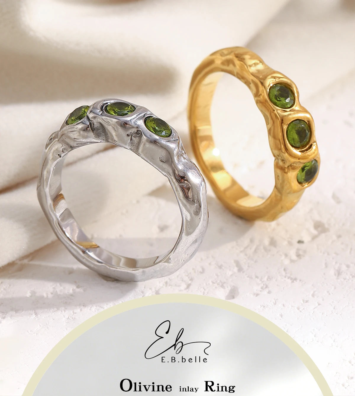 E.B.belle New Vintage Style Three Green Zircon Ring PVD Plated 316L Stainless Steel Simple Women Statement Finger Chic Jewelry