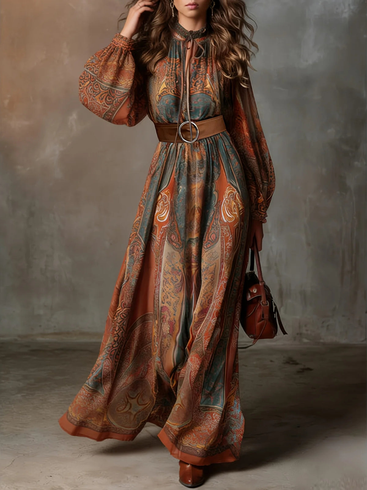 plus Size Spring Summer Elegant Print Dress Long Sleeve Umbrella Skirt Design Waist Belt Decoration Slimming Daily Wear dress
