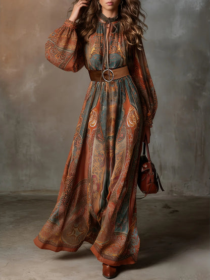 plus Size Spring Summer Elegant Print Dress Long Sleeve Umbrella Skirt Design Waist Belt Decoration Slimming Daily Wear dress