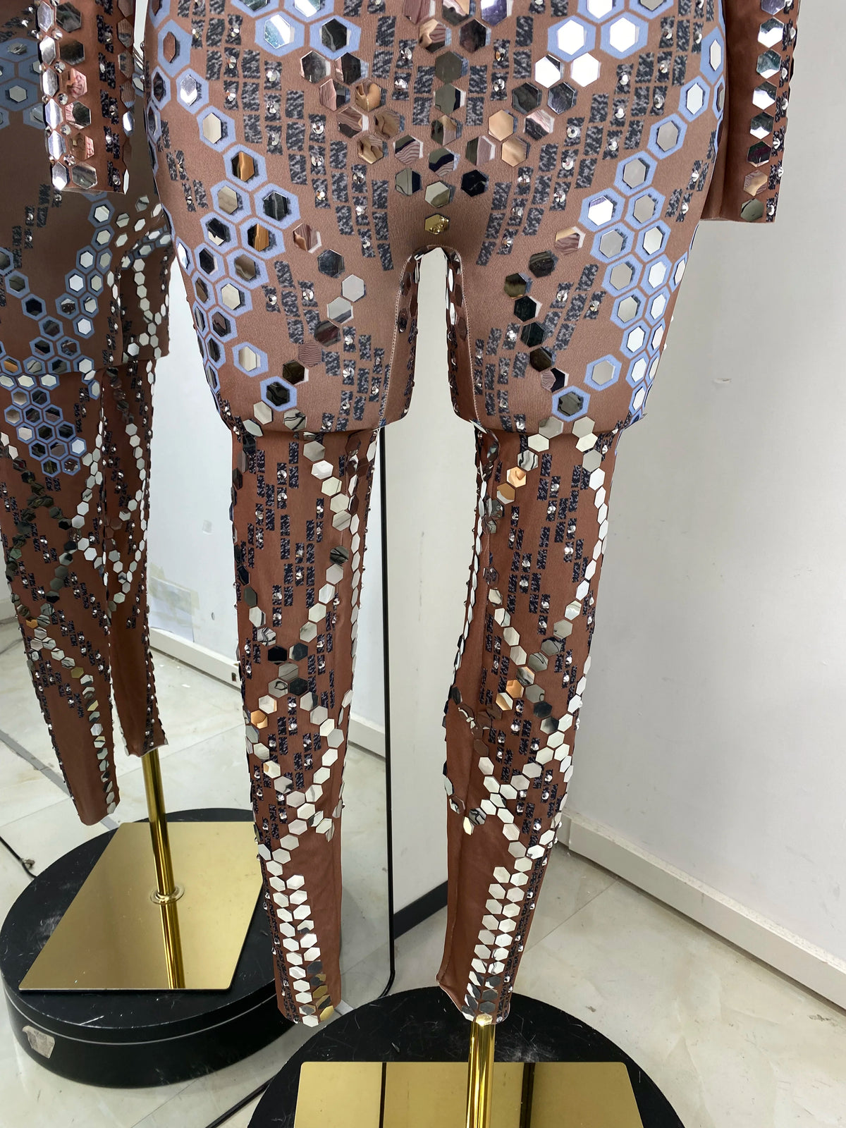 Women Performance Costumes Printed Sequines Rhinestones Spandex High Elastic Bodycon Jumpsuits Nightclub Evening Party Dress