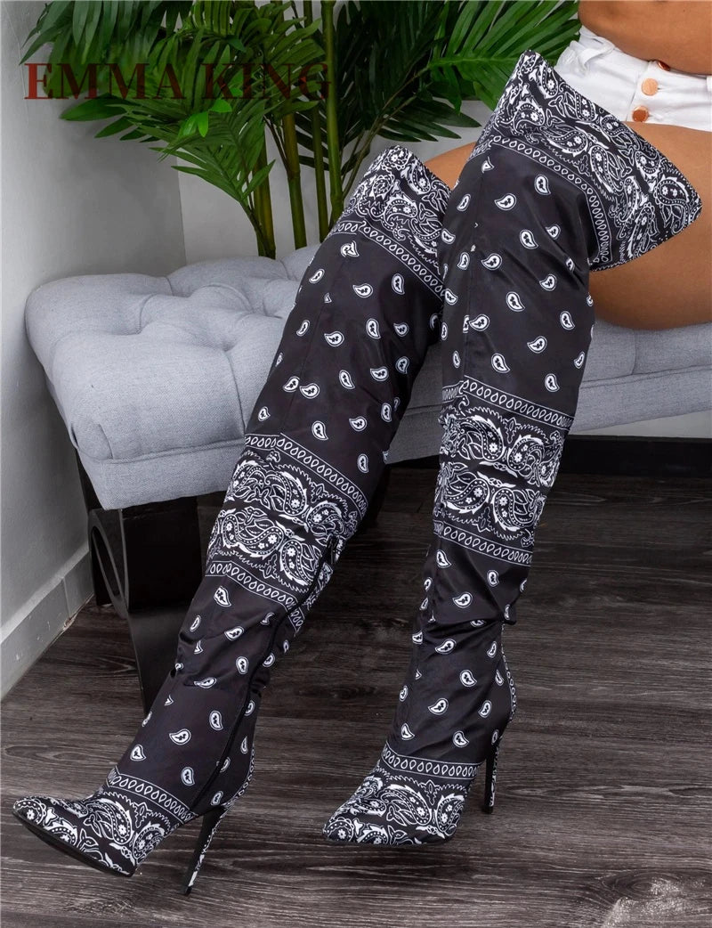 Autumn Winter Women Thigh High Boots Bandana Prints Bad Girl Heels Shoes Pointy Toe Silk Stiletto Botas Altas Mujer Size 35-44