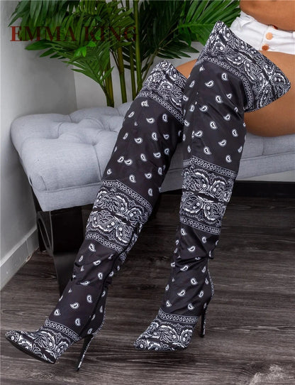 Autumn Winter Women Thigh High Boots Bandana Prints Bad Girl Heels Shoes Pointy Toe Silk Stiletto Botas Altas Mujer Size 35-44