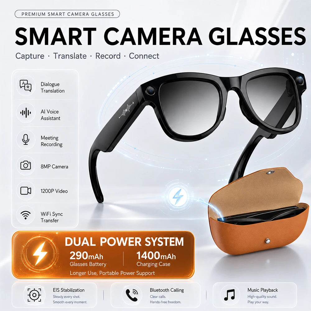 Smart Glasses with Camera 8MP HD Photo Video Recording EIS Anti Shake 1400mAh Charging Case WiFi Sync Transfer for Men Women