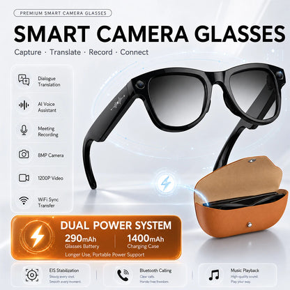 Smart Glasses with Camera 8MP HD Photo Video Recording EIS Anti Shake 1400mAh Charging Case WiFi Sync Transfer for Men Women