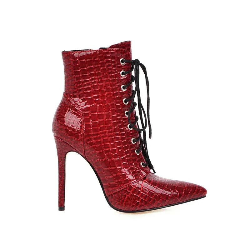 Sexy Ankle Cowboy Boots For Women Dance Shoes Fashion Snake Red White Black High Heels Lace Up Short Boot Autumn Large Size