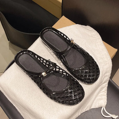 Women's Light Luxury Crystal Jelly Mary Jane Flat Sandals Hollow-out Breathable Closed Toe Summer Casual Non-slip Slip-on Shoes