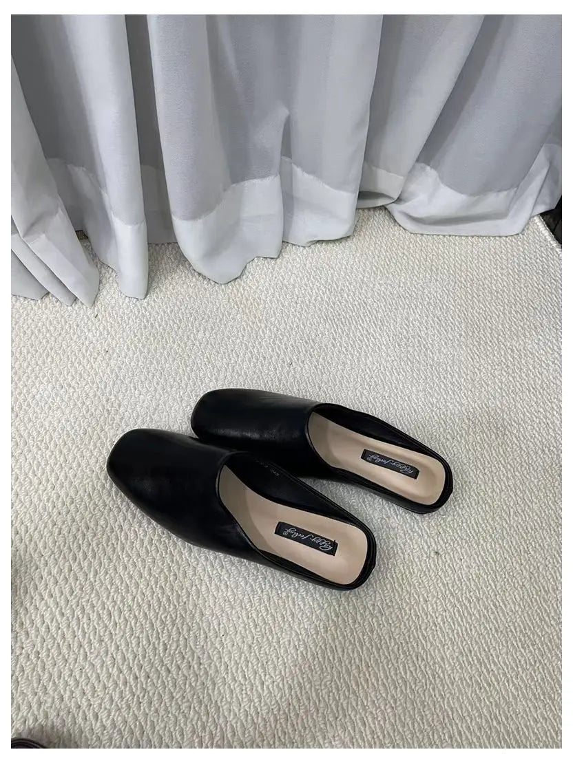 Fashion Square Toe Flat Slippers Women Casual Slip On Mule Luxury Brand Outsides Slides Elegant Pleated Ladies Shoes Sandal Flip