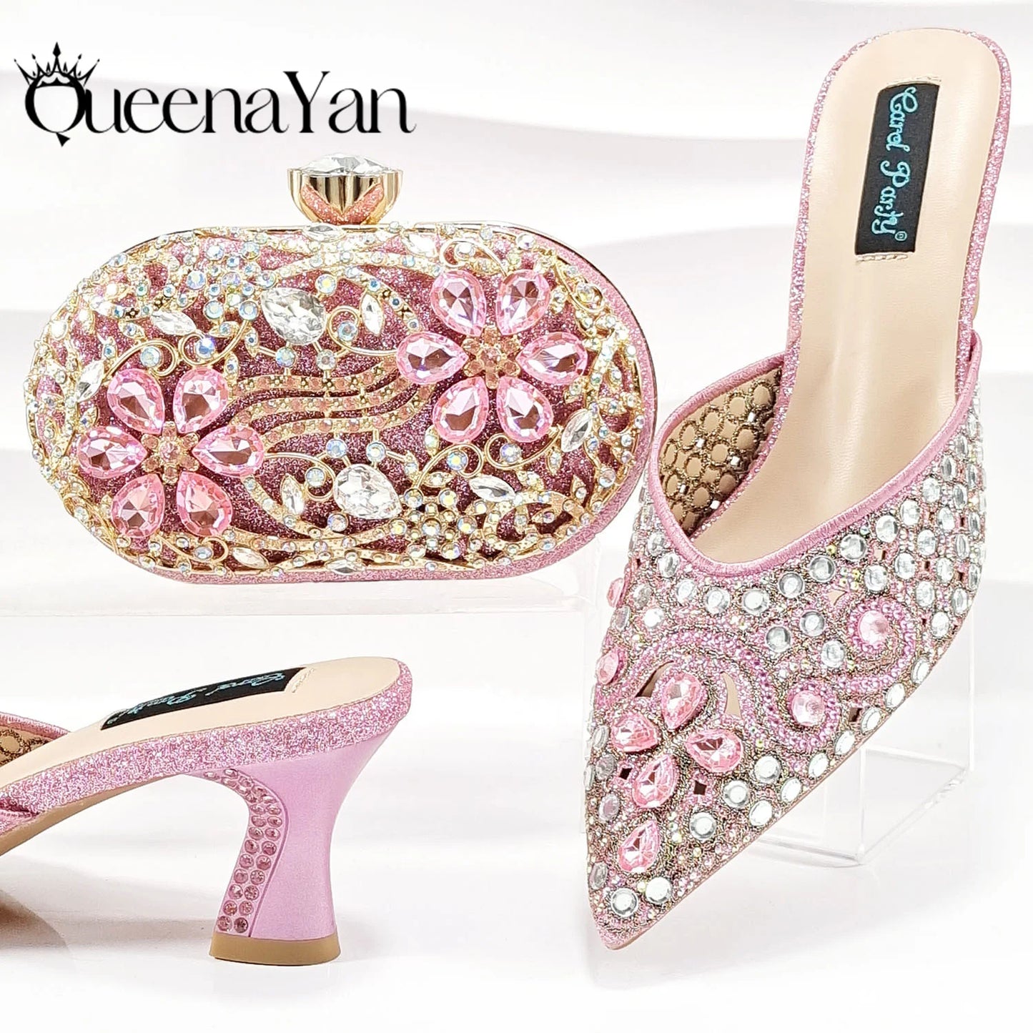 QUEENA YAN Luxury Pink Rhinestone Party Shoes and Clutch for Women- Elegant Crystal Heels with Matching Evening Bag