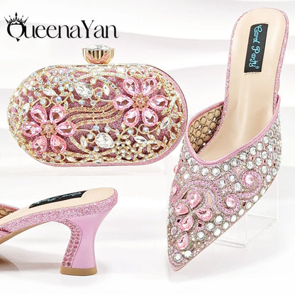 QUEENA YAN Luxury Pink Rhinestone Party Shoes and Clutch for Women- Elegant Crystal Heels with Matching Evening Bag