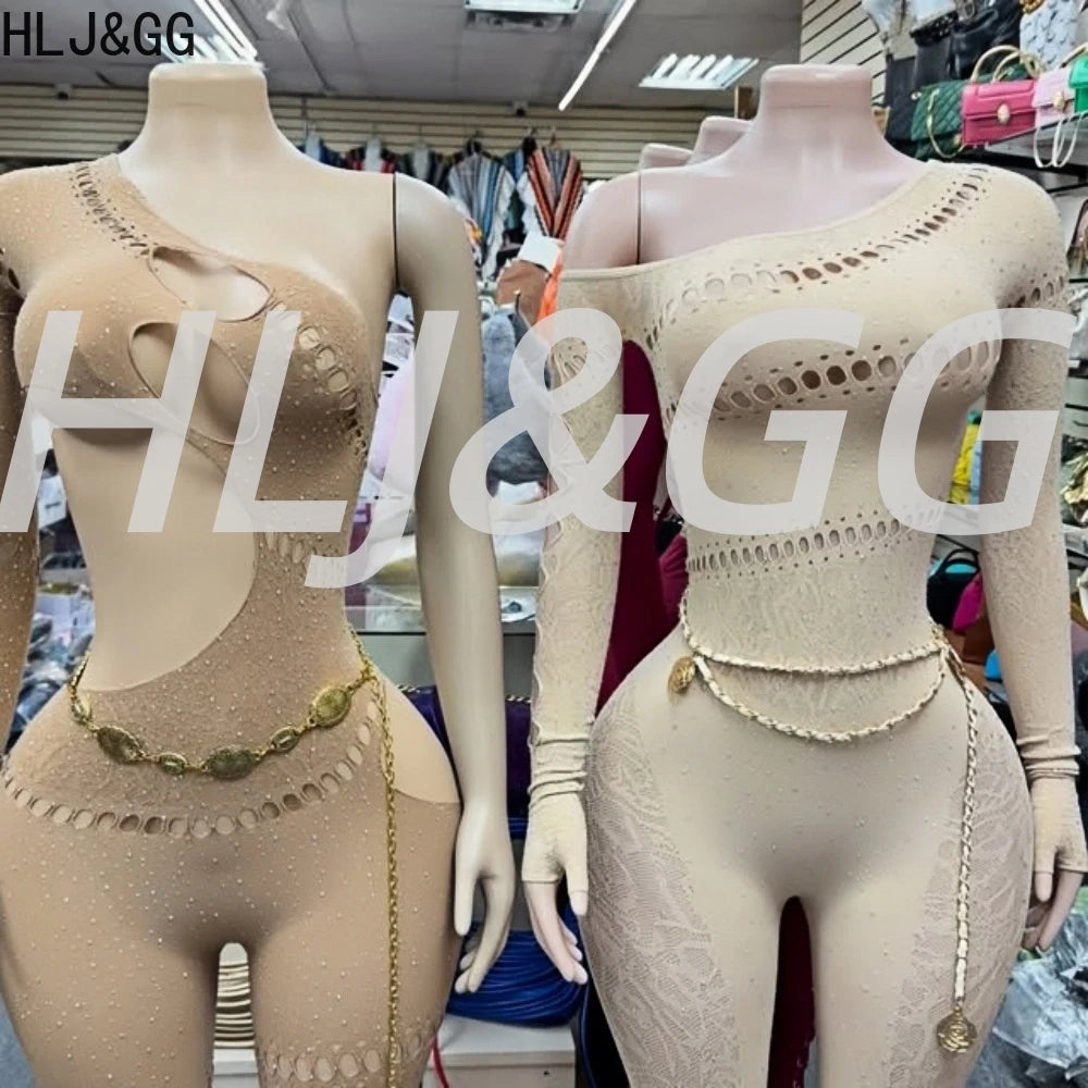 HLJ&GG Sexy Sparkling Rhinestone Hollow Bodycon One Piece Jumpsuits Women One Shoulder Long Sleeve Slim Playsuit With Chain 2025
