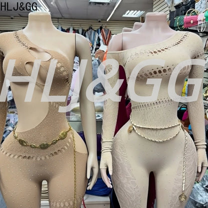 HLJ&GG Sexy Sparkling Rhinestone Hollow Bodycon One Piece Jumpsuits Women One Shoulder Long Sleeve Slim Playsuit With Chain 2025