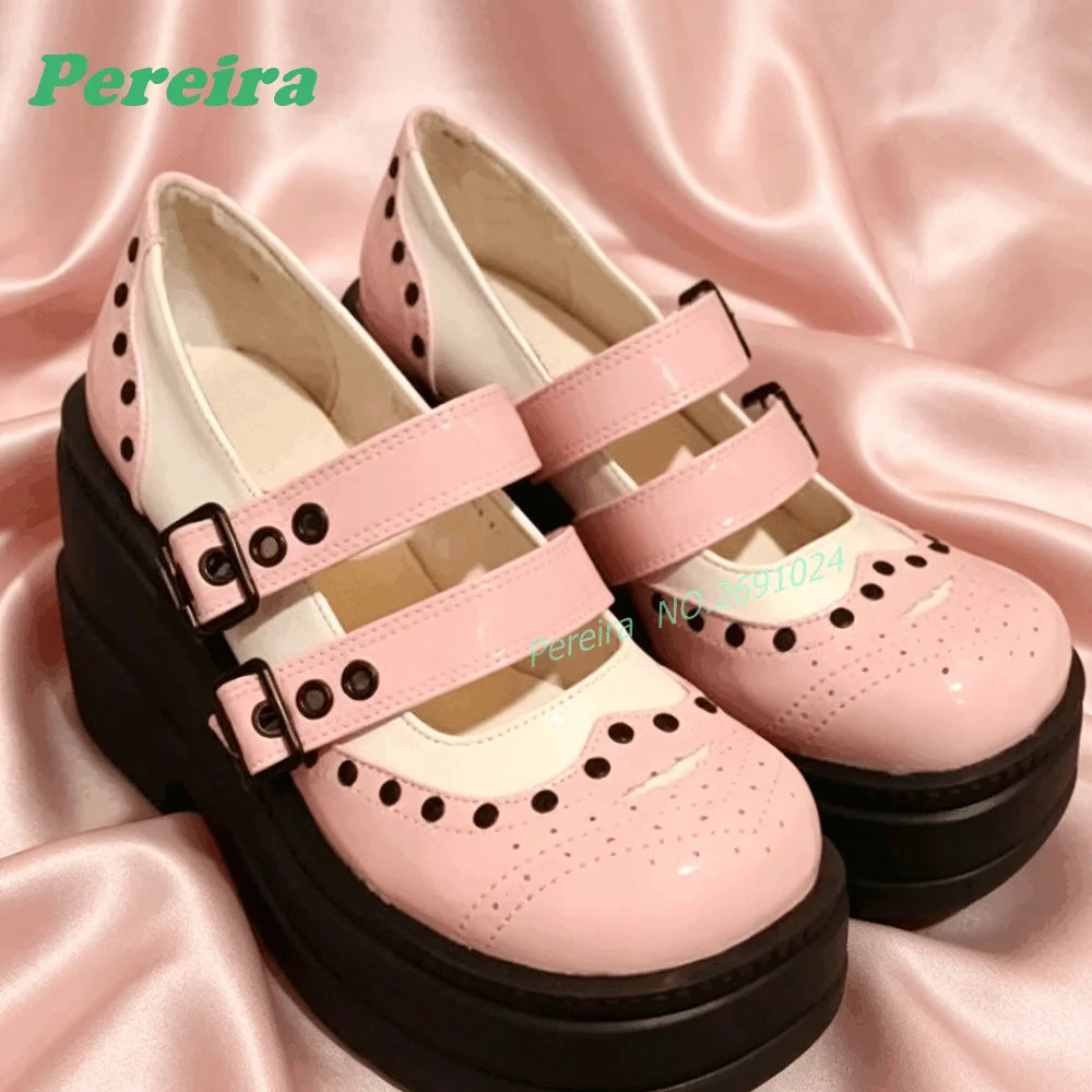 Pink Patchwork Multi-Buckled Ankle Boots Round Toe Gothic Thick Soled Shallow Women's Boots Autumn Summer Cutout Punk Shoes Sexy