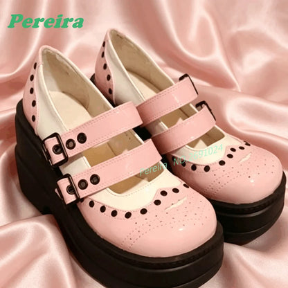 Pink Patchwork Multi-Buckled Ankle Boots Round Toe Gothic Thick Soled Shallow Women's Boots Autumn Summer Cutout Punk Shoes Sexy