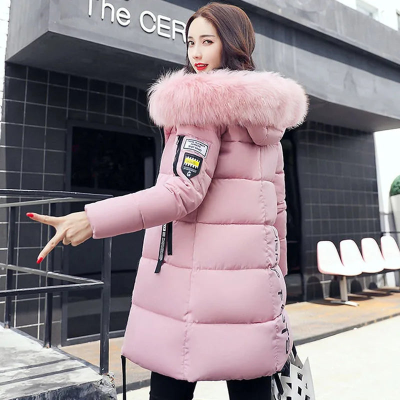 Women Winter Fur Collar Hooded Parka Coats Fashion Letter Patch Zipper Long Jacket Elegant Slim Warm Thick Female Snow Outerwear