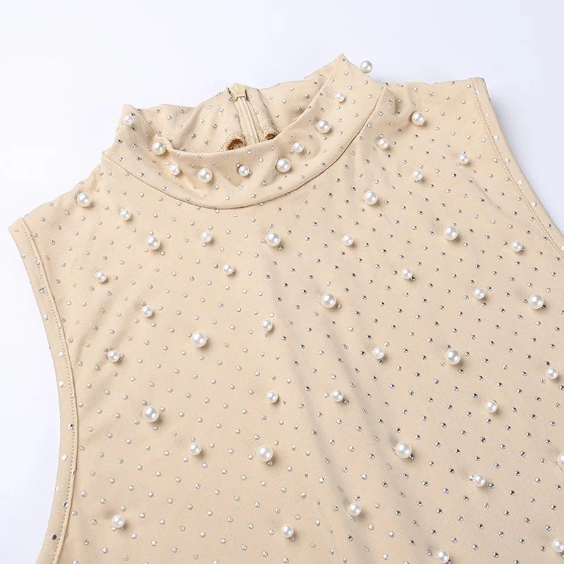 Sexy O-neck Sleeveless Jumpsuit Women Summer Beaded Mesh Rompers Skinny Elegent One Piece Apricot Fashion Hot Combinaison Femme