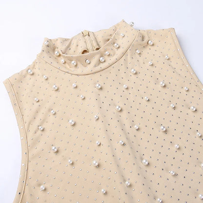 Sexy O-neck Sleeveless Jumpsuit Women Summer Beaded Mesh Rompers Skinny Elegent One Piece Apricot Fashion Hot Combinaison Femme