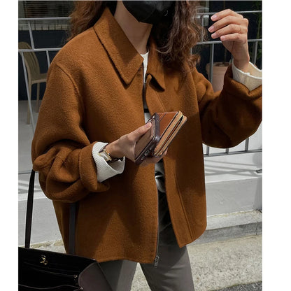 Women Winter Woolen Coat Fall Turn-Down Collar Single Breasted Loose Female Long Sleeve Jacket Office Lady Street Short Coats