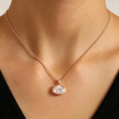 GRA Certified 2/3/4ct East West Oval Cut Moissanite Pendant Necklace for Women Bezel Set Solitaire Diamond 925 Silver Bead Chain