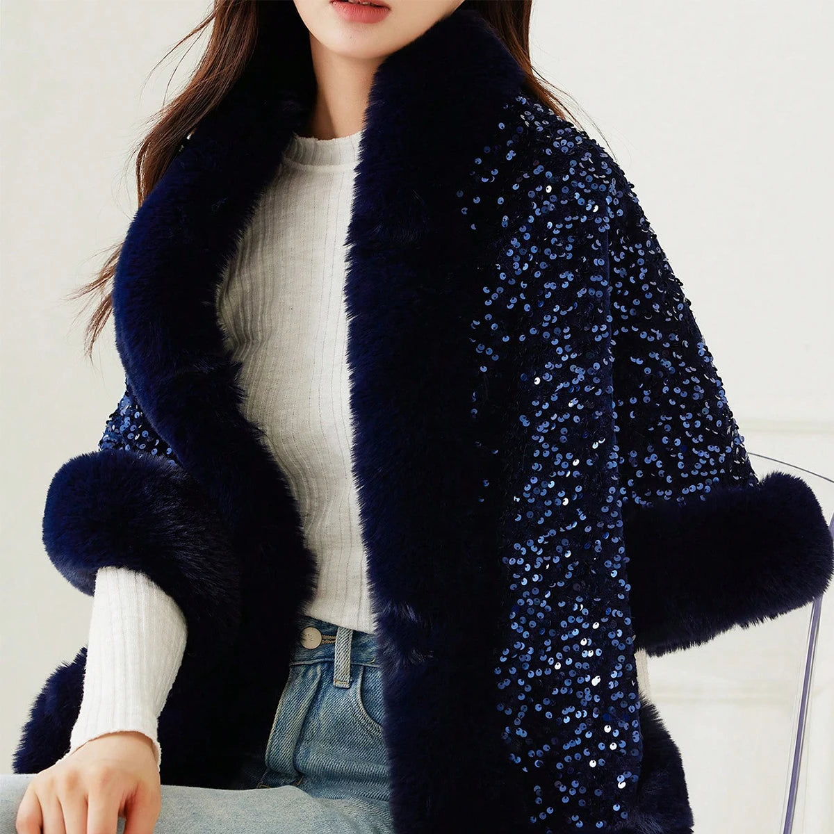 1PC Shiny Sequin Plush Shawl for Women Party Warmth Versatile Faux Fur Collar Blingbling Fashionable Shawl