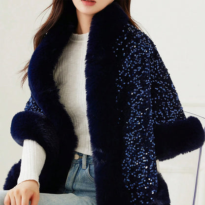 1PC Shiny Sequin Plush Shawl for Women Party Warmth Versatile Faux Fur Collar Blingbling Fashionable Shawl