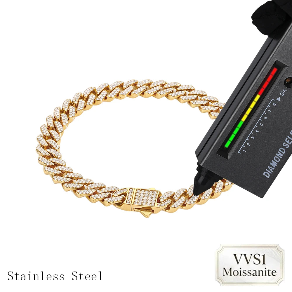ESKEEM 8mm Width VVS1 Moissanite Cuban Chain Double Rows Iced Out Stainless Steel Spring Clasp Necklace Bracelet Men Women Gift