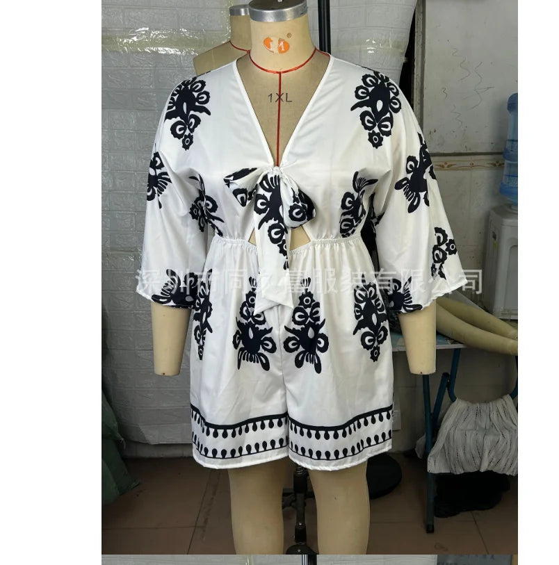 Wmstar Plus Size Jumpsuit Women Print Short Sleeve Bodysuit Loose Sexy Deep V Neck Summer Holiday Rompers Wholesale Dropshipping