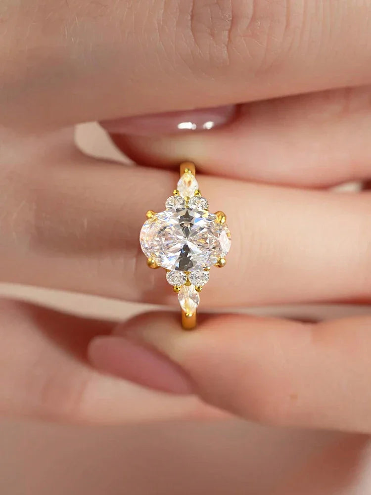 925 Sterling Silver Zircon Golden Oval Round Fashionable Ring For Women Engagement Wedding Luxury High Quality Fine Jewelry