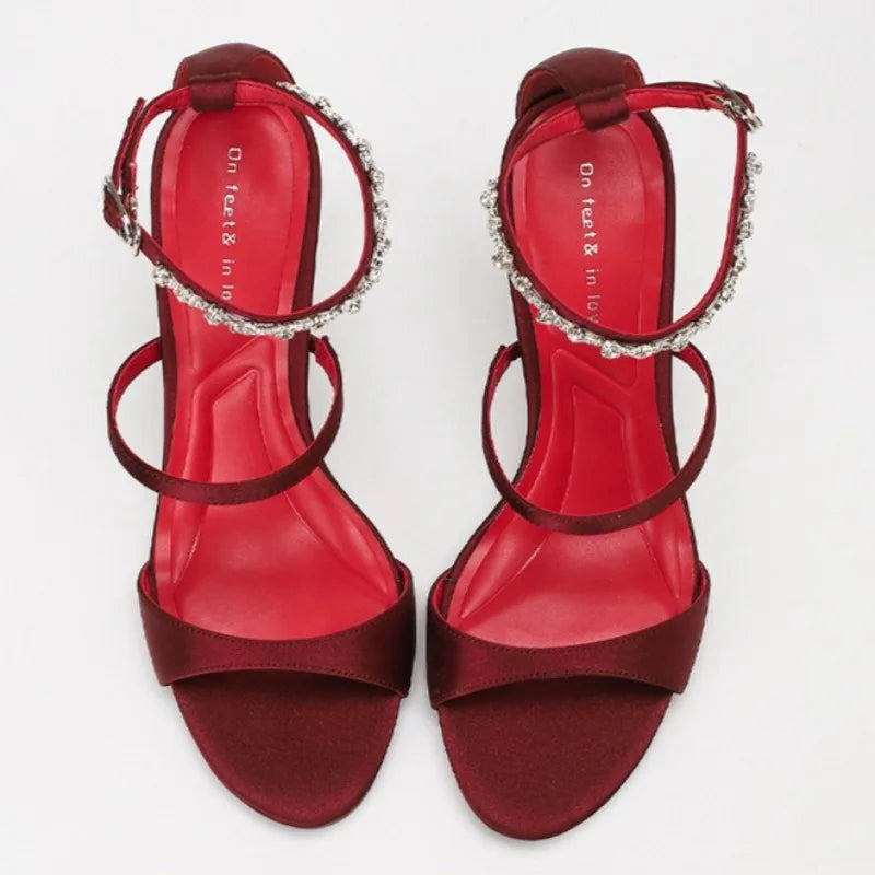 Luxury Rhinestone Satin Elegant High Heels Women Ankle Buckle Open Toe Fashion Sandals Female Designer Wedding Dress Shoes Party