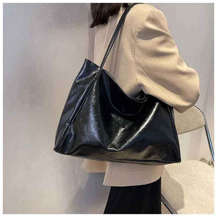 Personalized Name Embroidery Women's Large Tote Bag Brown Faux Leather Shoulder Handbag Vintage Soft Casual Bag for Work Travel