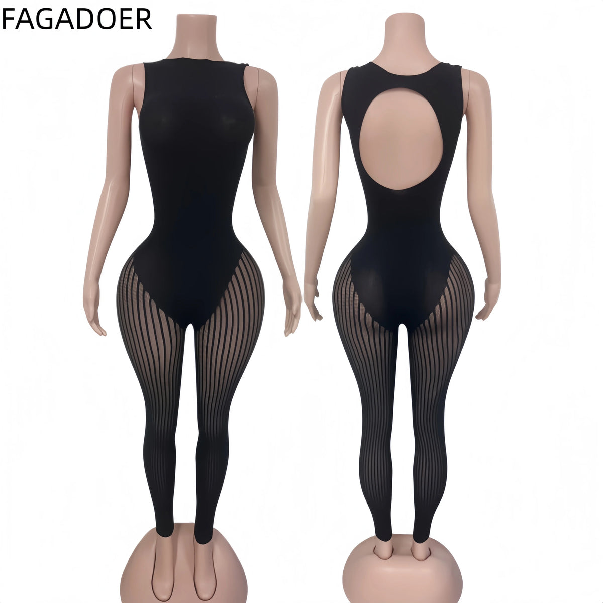FAGADOER Sexy Mesh See Through Black Jumpsuits Hot Girl Back Hollow Out Patchwork  Bodycon Rompers Night Party Club Playsuits
