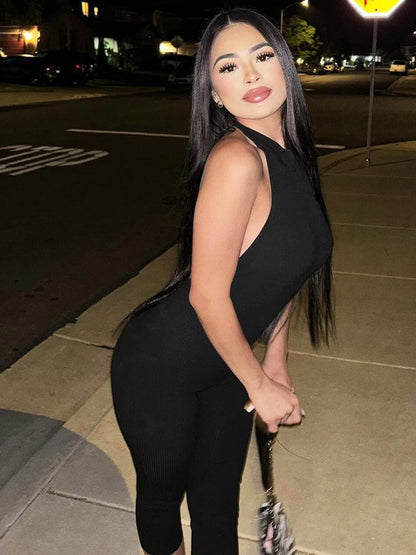 Dulzura Women'S Halter Sleeveless Backless Ribbed Single Breasted Jumpsuit Solid Sexy Casual Romper Party Club Street Clothes