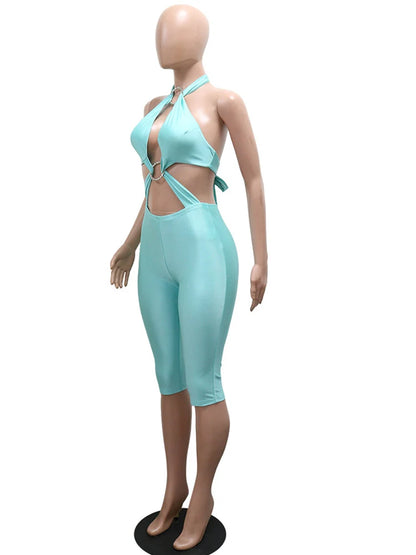 Kricesseen Sexy Cut Out Halter Bandage Jumpsuit Women O Ring Backless Bodycon Romper Summer Nightclub Party Festival Outfit
