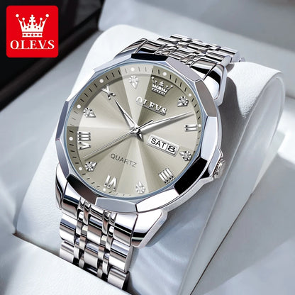 OLEVS Original Waterproof Men's Watches Diamond Mirror Quartz Watch for Man Luminous Stainless Steel Wristwatch Male Date Week