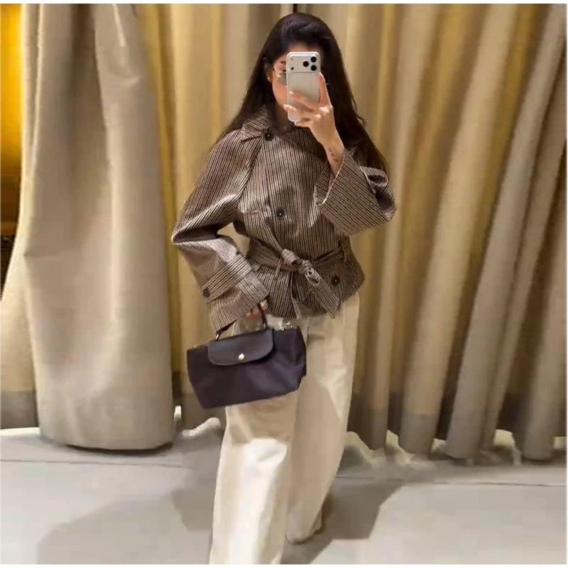 Plaid Cropped Trench Coat Lapel Collar Double Breasted Belted Waist Long Sleeve Women All-match Coats 2026 Autumn Commute Outfit
