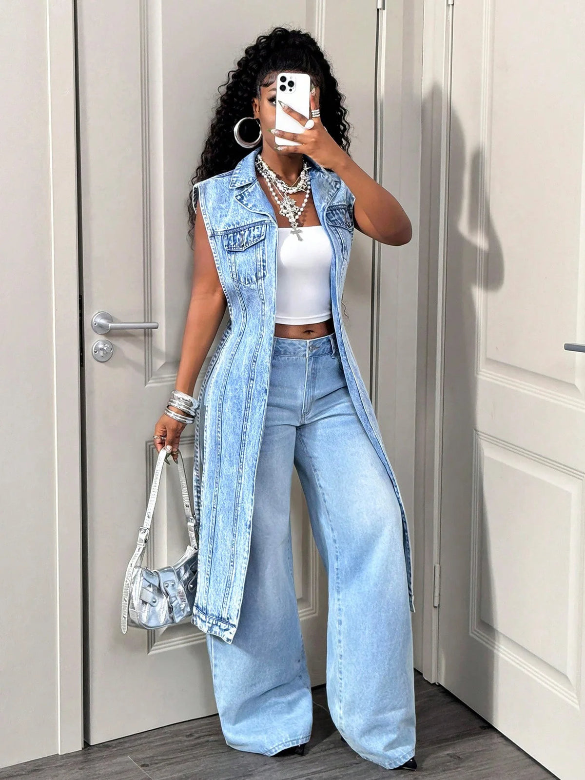 Long Dress Women Denim Dresses A Line Vestidos Y2k Streetwear Turn Down Collar Sleeveless Elegant Splice Party Night Work 2026