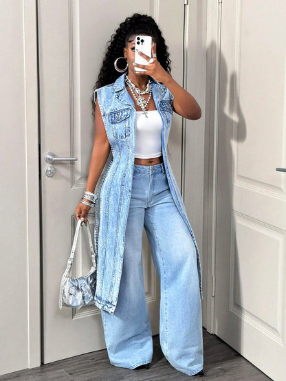 Long Dress Women Denim Dresses A Line Vestidos Y2k Streetwear Turn Down Collar Sleeveless Elegant Splice Party Night Work 2026
