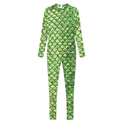 Womens Rash Guard One Piece Swimsuit Mermaid Fish Scale Print Long Sleeve Back Zipper Full Body Tops Sexy Swimwear Jumpsuit